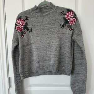 Cloud Chaser Gray Sweater Embroidered Butterfly and Roses